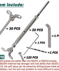 Adjustable Angle Marine Grade T316 Stainless Steel Cable Railing Kit components including turnbuckles and screws for wood posts.