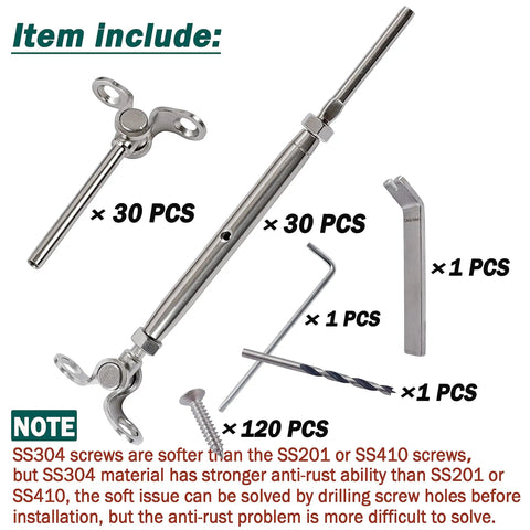 Adjustable Angle Marine Grade T316 Stainless Steel Cable Railing Kit components including turnbuckles and screws for wood posts.