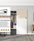30X84 Inch Flush White Primed Barn Door With Invisible Hidden Track And Soft Close Hardware Kit, partially painted, in modern closet setting.