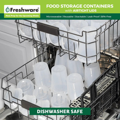 Keep Meals Fresh All Week With These Heavy Duty Plastic Deli Containers Featuring Tight Sealing Lids That Actually Stack Straight Up Microwave And Freezer Safe BPA Free Clear Design Makes Meal Prep A Total Fire Win For Your Busy 48 Pack Kitchen Setup, shown stacked in dishwasher.