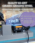 Rock Solid 750W Lawnmower Blade Sharpener Bench Grinder With Ceramic Grinding Wheel And 60 Grit Sandpaper showing 7-inch grinding wheel in use.