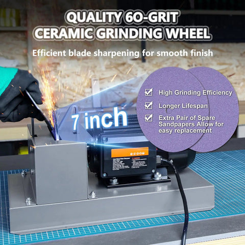 Heavy Duty Lawn Mower Blade Sharpener And Bench Grinder Beast With 750W Motor that sharpens with a 7 inch 60-grit ceramic grinding wheel.