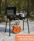 Propane Tank Warmer Blanket With Thermostat and Timer, Adjustable 41 To 122 F, installed on LP cylinder under outdoor grill