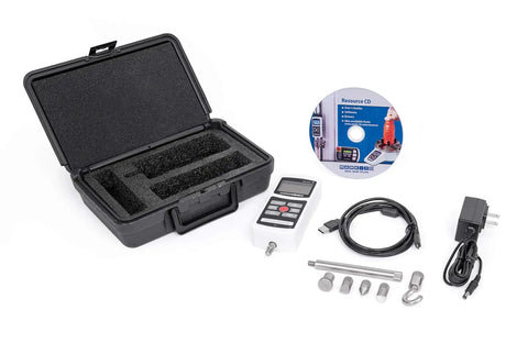 Heavy Duty Digital Force Gauge 50 Pound Capacity Built For The Shop Floor With High Speed 7000 Hz Sampling Rate and accessories.