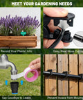 Four images showing the 100Ft Drip Irrigation Kit With 3 Adjustable Emitters For Mist, Stream And Vortex Watering in use and installation.