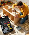Man using Badass 21V Cordless Drill And Rechargeable Electric Screwdriver Set For Home Workshop Projects to assemble furniture.