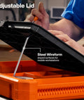 Person adjusting MODbox Tray Work Top Grab And Go Portable Work Surface with adjustable lid and wireform on modular workstation.