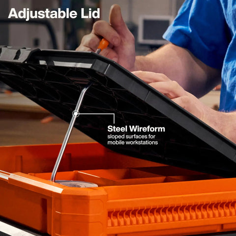Person adjusting MODbox Tray Work Top Grab And Go Portable Work Surface with adjustable lid and wireform on modular workstation.