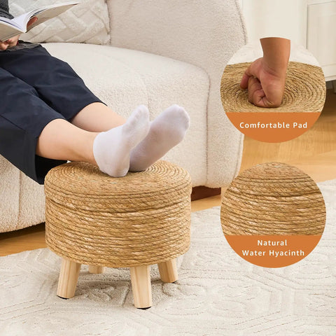 Handwoven Natural Seagrass Storage Ottoman Poufs Round Footrest Stool With 4 Wood Legs Comfy Padded Outdoor Seat Cozy Hidden Storage Perfect For Hallway Living Room Bedroom Garden shown in living room with person's feet resting on it