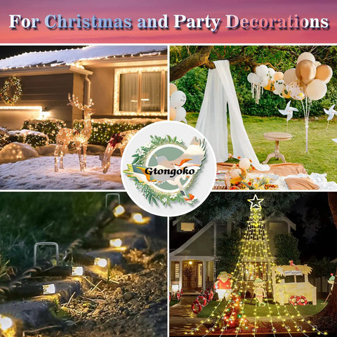 Outdoor Christmas and party decorations including reindeer, fairy lights, balloon arch, and illuminated Christmas tree.