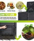 Instructional image of 80 Gallon Garden Compost Bin Made From BPA Free Material No Fuss Assembly with composting process illustrations.