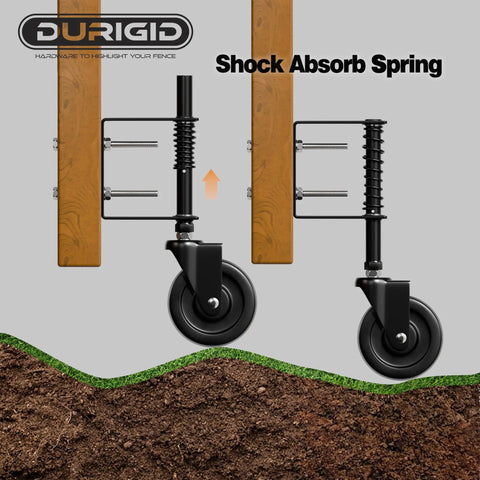 4 Inch Spring Loaded Gate Wheel With Built Like A Tank Shock Absorption, Heavy Duty Fence Caster For Wooden Gates, 200 Lb Capacity Outdoor Glide Roller, Black No Sweat Smooth Ride on a wooden fence.