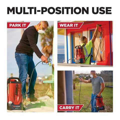 Tough As Nails 18V Cordless Airless Paint Sprayer With Advanced HEA Tech used in various positions for versatile application.