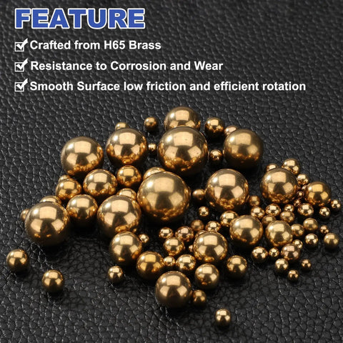Top Shelf Precision 300 Pack H65 Brass Bearing Balls 2 mm G200 Metal Spheres scattered on a textured surface.