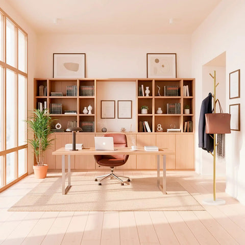 Office space with Freestanding Metal Coat Rack With 8 Hooks, Space Saving Hall Tree For Entryway, Bedroom, And Office in gold.
