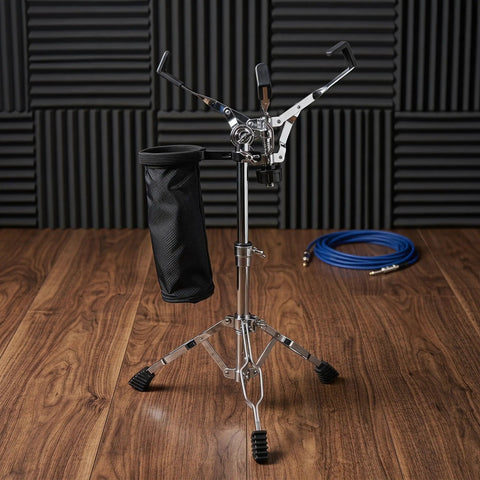 Road Ready Adjustable Snare Drum Stand With Heavy Duty Rubber Feet And Legit Double Braced Tripod featuring quick pull drumstick holder.