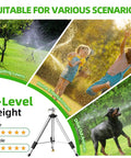 Heavy Duty Brass Impact Tripod Sprinkler With Pulsating Water And Telescoping Legs Delivers 360 Degree Coverage Up To 70 Feet Reaching 5660 Square Feet Perfect For Yard Lawn Garden Irrigation 16 26 Or 36 Inch Heights shown above with three usage scenarios: irrigating lawns, home entertainment with kids, and driving out animals.