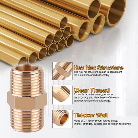Brass Pipe Fittings Kit 24 Pcs Hex Nipple And Hex Coupling Set with hex nut structure, clear thread, and thicker wall details shown