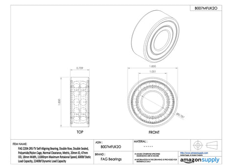 Premium Double Row Self Aligning Bearings With Double Contact Seals And Tough Reinforced Nylon Cages For Serious Shaft Work Featuring Straight Bore Fitment and dimensions shown.