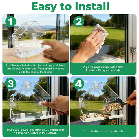 Clear Window Bird Feeder With Strong Suction Cups Acrylic Window Feeder for easy installation, cleaning, and feeding steps.