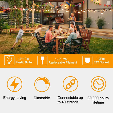 People enjoying a meal outdoors under 100 Ft Outdoor String Lights With 52 Shatterproof Bulbs IP65 Waterproof Dimmable Patio Lighting