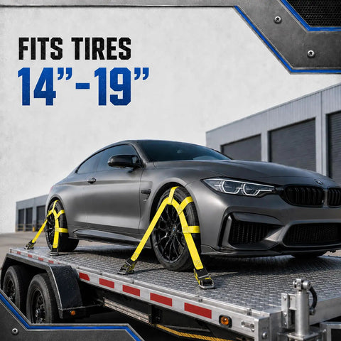 Heavy Duty Tow Dolly Basket Straps With Flat Hook 10000 Lbs Break Strength securing 14-19 inch tires on a trailer.