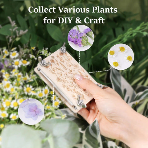 Hand holding Mini Flower Press Kit For Small Blooms And Leaves, Easy Travel Friendly Press For Plants, Herbs, And Micro Flowers.