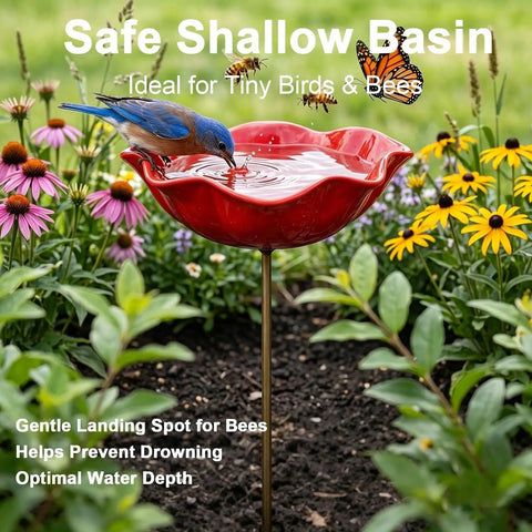 Metal Flower Garden Stake Bird Bath Waterer For Outdoor Yards Pollinator Station Hummingbird Fountain Butterfly Bee Water Feeder Decorative Yard Art Gift 1 Piece No Fuss Easy Setup Garden Decor