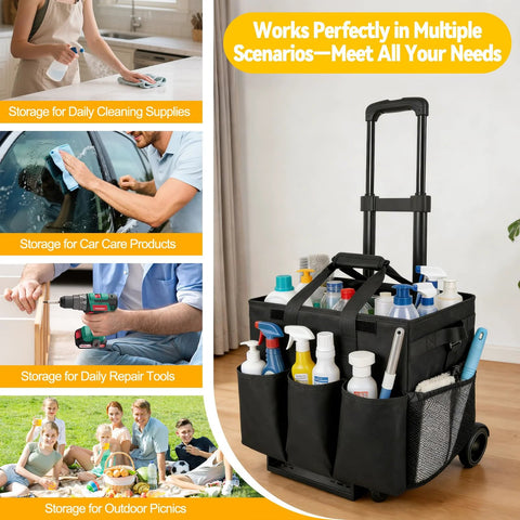 Large Rolling Cleaning Caddy With Wheels And Detachable Trolley 48L Capacity holding cleaning supplies in home setting
