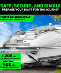 Beefy 2 Inch By 48 Inch Boat Trailer Straps securing a white pontoon boat on a trailer with safe trailering text overlay.