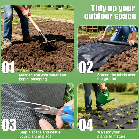Steps for installing Built Tough 4Oz Nonwoven Geotextile Weed Barrier Fabric 3Ft By 100Ft in a garden setting.