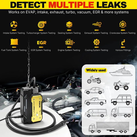 Portable Evap Smoke Leak Tester Featuring Swap Out Replaceable Pod Cartridge For Under The Hood Automotive Diagnostics That Makes Every Grease Monkey Garage Project Sing, showing multiple leak detection options.