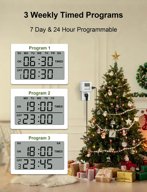 Heavy Duty Dual Outlet Programmable Timer Plug For Set It And Forget It Scheduling Plus Smooth Interval Cycling To Keep Electronics Humming At 15 Amps Indoors showing three program settings against a festive backdrop.