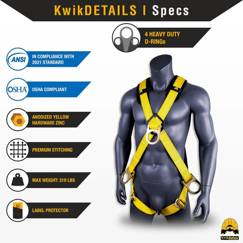 Mannequin wearing Monsoon Safety Harness 2 Pack With Four D-Rings Front Chest Side And Back D-Rings Shoulder Padding ANSI Tested OSHA Compliant.