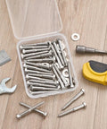 High Grade 25 Pc 1/4X2 Inch Hex Lag Screws Heavy Duty 304 Stainless Steel Rustproof Garden Flower Stand Hardware in a clear container.