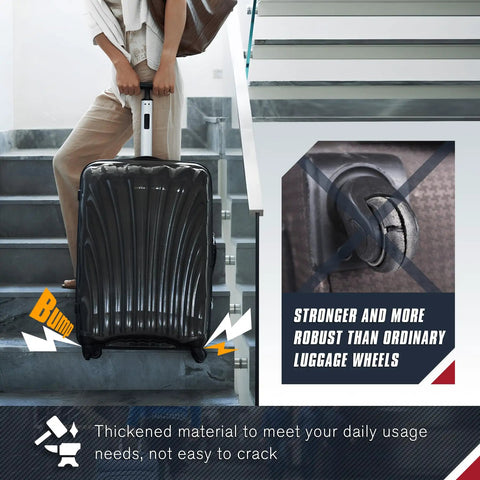 Top Shelf Luggage Wheels Replacement Pair Built Tough With Metal Bearings To Give Your Suitcase A Smooth Ride Across Any Terrain Using Four Screw Holes For A Secure And Reliable Fit, showcased on dark stairs.