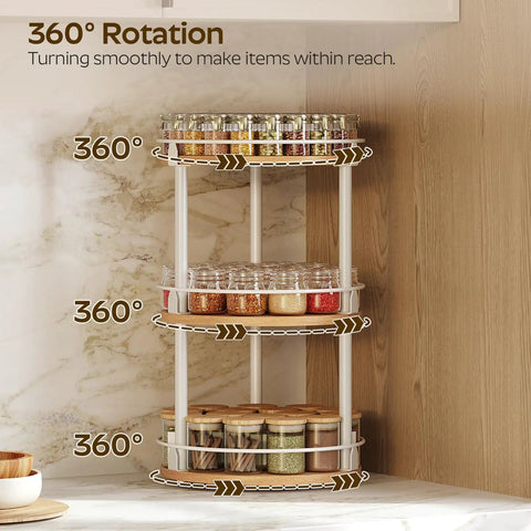 Three Tier Lazy Susan Rotating Spice Rack Featuring Smooth Ball Bearing Turntable System For Hassle Free Pantry Access White Natural Wood Countertop Organizer with spices