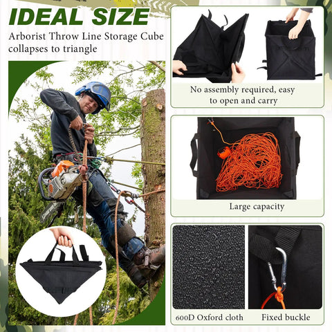 Pro Grade Arborist Throw Line Kit Bundle With 64L Storage Cube, 15 Oz Throw Weight Bag, And 164 Ft Polyester Rope for tree work.
