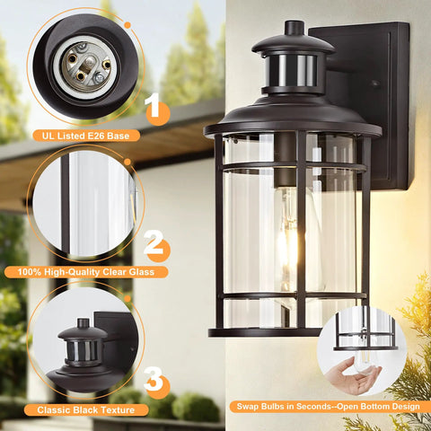 Heavy Duty Motion Sensor Outdoor Wall Lights Dusk To Dawn Porch Light Brown Waterproof Fixture with clear glass and black texture.