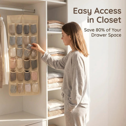 Game Changing Double Sided Hanging Closet Rod Organizer For Bras Underwear And Socks Storage Featuring Multi Grid Pockets in closet.