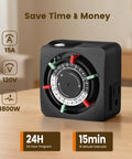 Slick Mechanical Timer With Two Grounded Outlets For Indoor Use And 24 Hour Daily Cycles showing dial and plugs on a wooden surface.