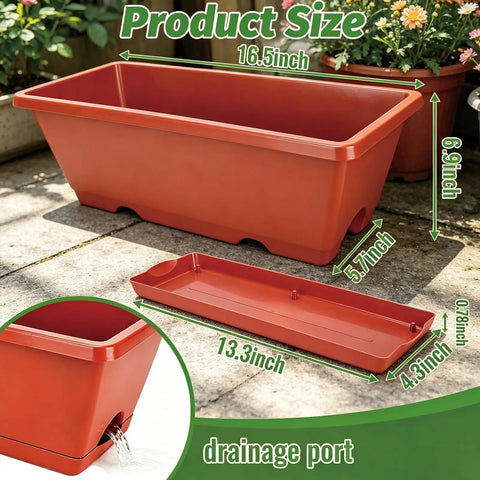 Red Window Box Planters 7 Pack Rectangular Plastic Flower Pots With Saucers For Indoor Outdoor Garden 17 Inch Vegetable Planting Pots For Patio Windowsill And Home Decor Durable Dope Weather Resistant Plastic shown with size dimensions in green text