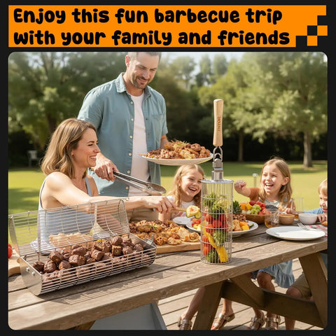 Family enjoying outdoor BBQ with Rolling Grill Basket With Removable Handle 304 Stainless Steel Nesting Grilling Net for veggies and shrimp