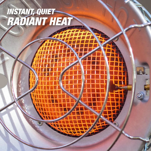 Close-up of Dual Swivel Burner Outdoor Propane Heater for Deck or Patio, 10,000 to 30,000 BTU, showing glowing radiant heat element.