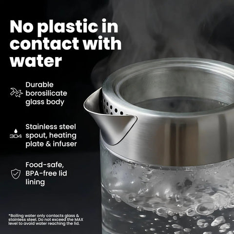 Close-up of Electric Tea Kettle With Infuser For Loose Leaf Tea No Plastic Touching Water Temperature Control Automatic Shut Off 1.5L Borosilicate Glass Hot Tea Maker, showing stainless steel lid and boiling water.