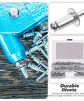 Aluminum Pop Rivets Kit 140Pcs Assortment With Flanged Dome Head Blind Rivets For Metal Fastening And Automotive Repair Pro Grade Aluminum Alloy Rivets Vibration Resistant Corrosion Proof DIY Projects, close-up of rivet gun and rivets next to open kit
