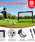 Child kicking soccer ball at Two Pack 4x3 Feet Kids Soccer Goals For Backyard Portable Pop Up Nets with Targets on grass field