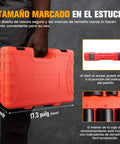 Half Inch Drive Deep Impact Socket Set 29 Piece Six Point SAE And Metric From Three Eighths Inch To One Inch And Ten To 24 MM Chrome Vanadium With Three And Five Inch Extension Bars And Socket Adapter in red carrying case.