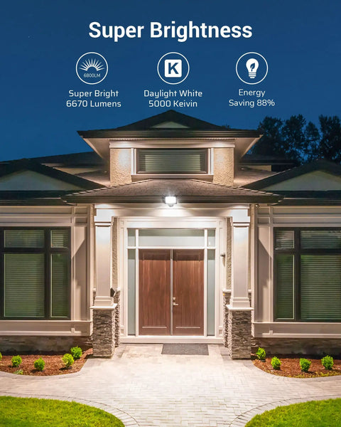 Next-Level 65W Outdoor Security Flood Light Featuring Tough Ip65 Waterproof Housing, Delivers Blazing 6670 Lumens of pure daylight white illumination on a front porch.