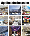 Grid of images showing various occasions for use: shop, hotel, stadium, office, home, store, train station, bar, car shop.